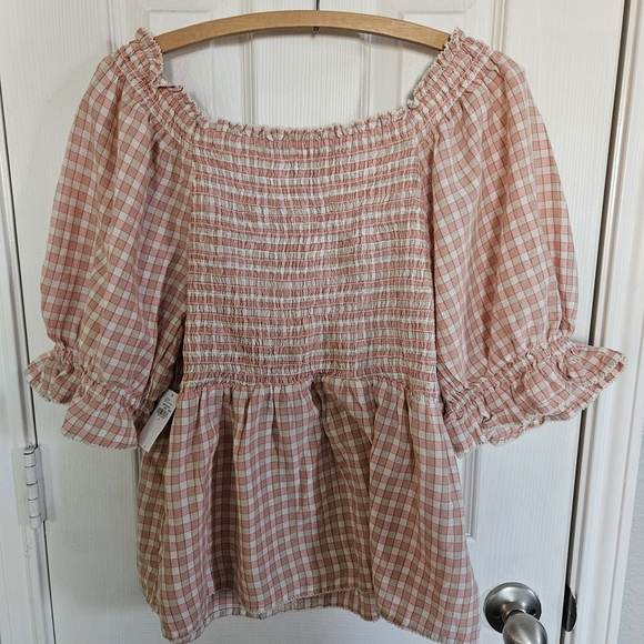 Old Navy Peach Plaid Women's Puff Sleeve Ruffle Top Size Large - Picture 6 of 7